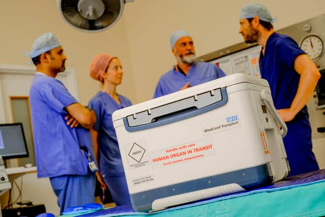 Organ donation box arriving at hospital for transplant operation.