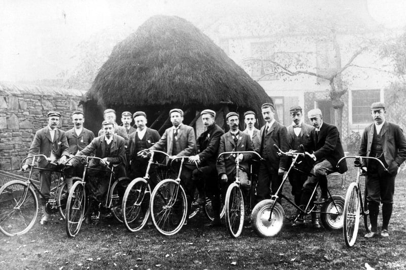 Members of Sharrow Cycling Club outside their headquarters at the old Pomona Hotel, Ecclesall Road in the 1890s.