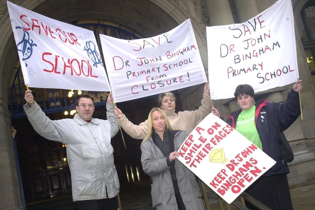 Parents from Dr John Bingham School took their protest about the School closure plans to the steps of the Town Hall. Left to right, are Darryl Maw, Kay Howard, Samantha Wilcox and Kerry Wilkinson
