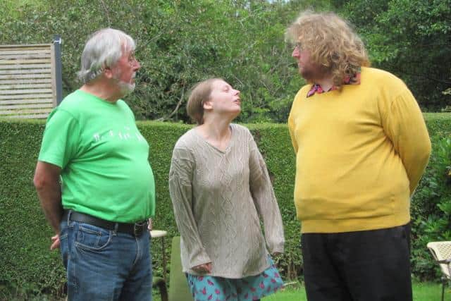 Rehearsals for The Proposal, directed by Chris Walker for Midland Players. From left to right are: John Stone, Charlotte Creasey and Alex Wilson