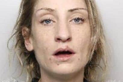 Pictured is Rebecca Kerrigan, aged 32, of Wordsworth Drive, Sheffield, pleaded guilty to two counts of handling stolen goods, two counts of fraud, and two counts of robbery and a theft. She was sentenced to four years and four months of custody.