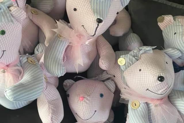 Some of the hundreds of memory bears Suzanne Parsons has created for those who have lost loved ones to Covid