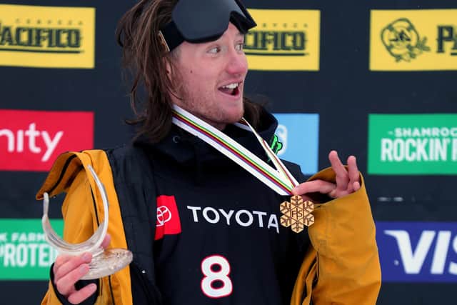 James Woods celebrates on the podium for the Men's Ski Slopestyle Final at the FIS Freestyle Ski World Championships on February 06, 2019 at Park City Mountain Resort in Park City, Utah. (Photo by Tom Pennington/Getty Images)