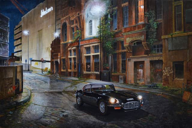 Oil on canvas, number 631, E type Jaguar in fornt of the Salvation Army Citadel
