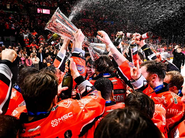 CHAMPIONS: Sheffield Steelers'players celebrate winning the Elite League championship. Picture: Dean Woolley/Steelers Media.