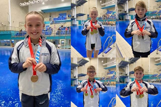 From left to right: Lois Bruce,  Daisy Lindsay (top), Robbie Wood, Simeon Greig and Sebastian Willcox with their medal haul from the Scottish National Diving Championships.