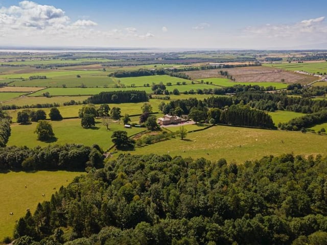 Aerial view showing house and grounds.
