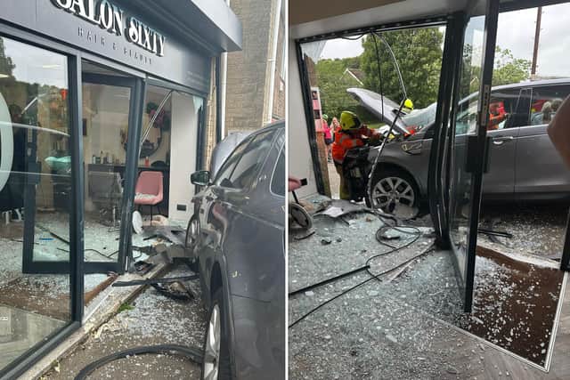 The crash has cost an estimated £8,000 of damages after smashing through the shop front of Salon Sixty, in Lodge Moor, Sheffield.