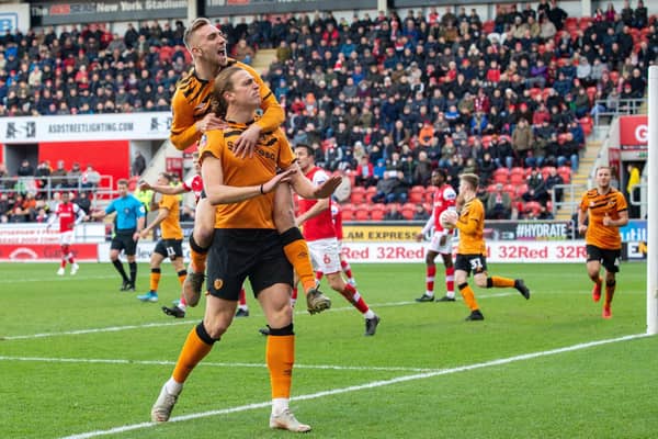 Tom Eaves celebrates scoring for Hull City against new club Rotherham United in the FA Cup in 2020