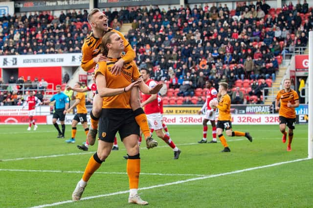 Tom Eaves celebrates scoring for Hull City against new club Rotherham United in the FA Cup in 2020