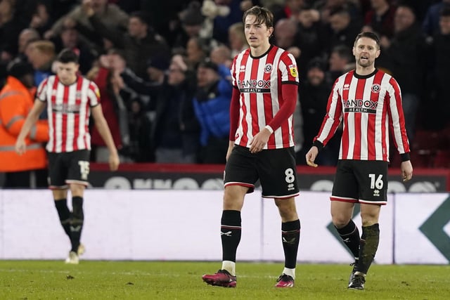 Sander Berge and Oliver Norwood of Sheffield United react after Cameron Archer put Middlesbrough ahead in their victory at Bramall Lane: Andrew Yates / Sportimage