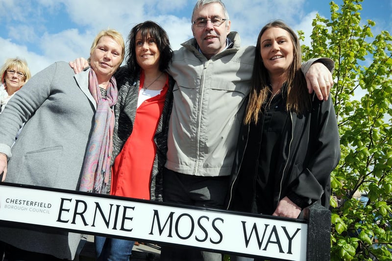 Ernie with his wife, Jenny, left, and daughters Nikki Trueman and Sarah Moss after unveiling his street sign on the road adjacent to the Proact Stadium.