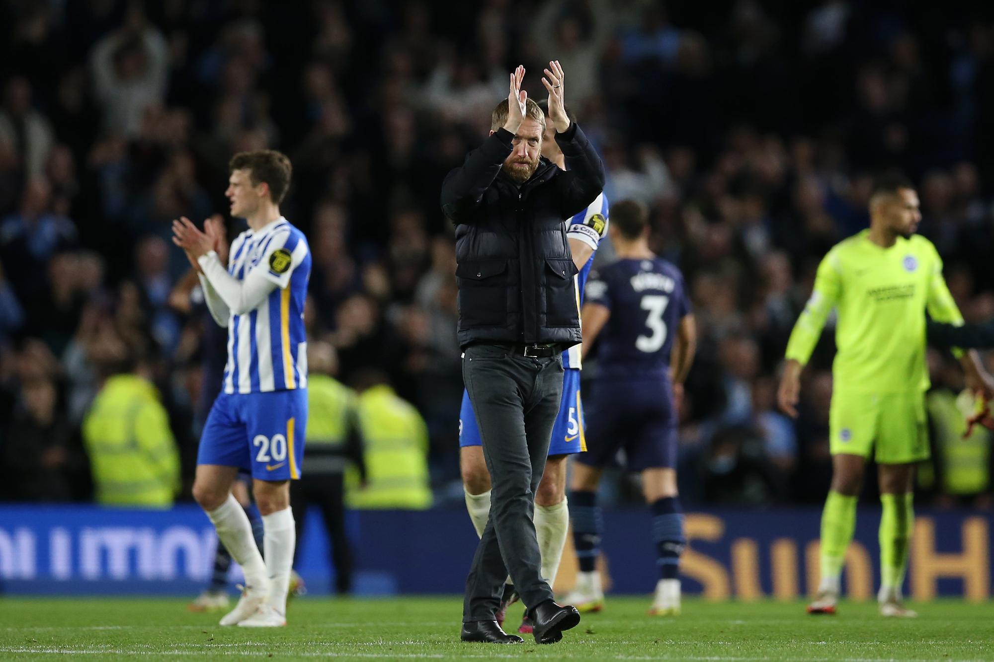 BRIGHTON, ENGLAND - OCTOBER 23: Graham Potter, Manager of Brighton & Hove Albion applauds fans after his sides defeat in the Premier League match between Brighton & Hove Albion and Manchester City at American Express Community Stadium on October 23, 2021 in Brighton, England. (Photo by Steve Bardens/Getty Images)