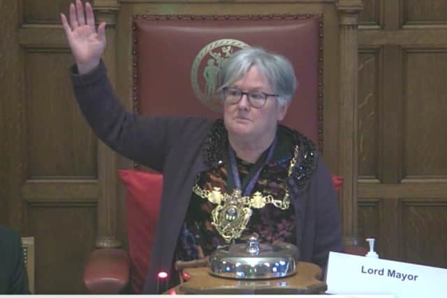 Lord Mayor of Sheffield Coun Sioned-Mair Richards voting to grant the freedom of the city of Sheffield to Richard Caborn