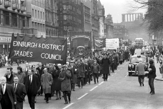 Miners march along Princes Street in Edinburgh during their pay dispute with the Government which led to power cuts and factories laying off thousands of workers.