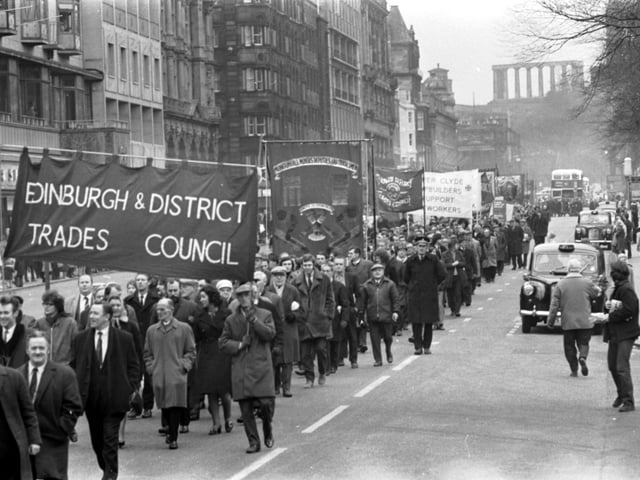 Miners march along Princes Street in Edinburgh during their pay dispute with the Government which led to power cuts and factories laying off thousands of workers.