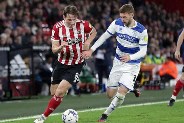 Sheffield United's Sander Berge takes on Sam Field of QPR during reverse fixture at Bramall Lane.