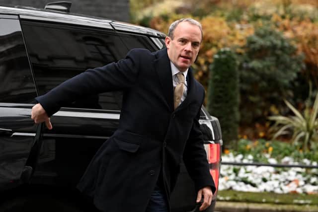 Dominic Raab is stepping in over the release of Andrew Barlow. Image: LONDON, ENGLAND - DECEMBER 13: Deputy Prime Minister Dominic Raab arrives in Downing Street ahead of a Cabinet meeting at 10 Downing Street on December 13, 2022 in London, England. (Photo by Leon Neal/Getty Images)