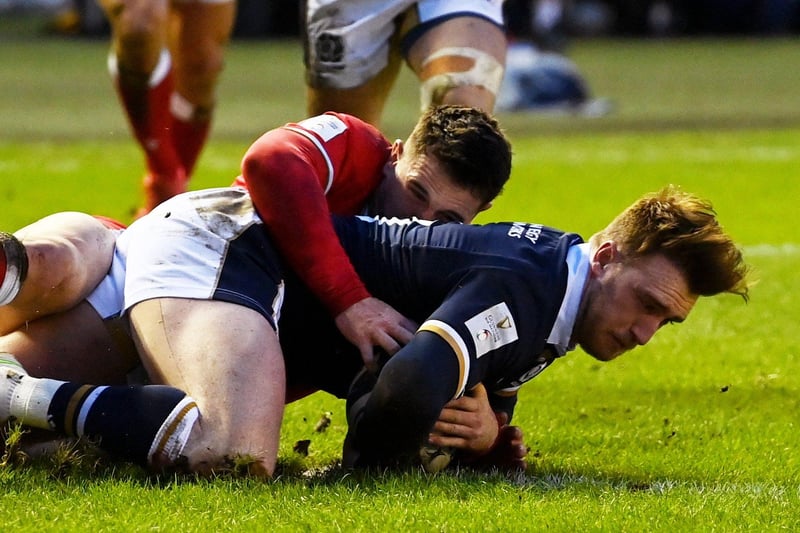 Scotland's Stuart Hogg scores Scotland's second try during a Guinness Six Nations tie between Scotland and Wales