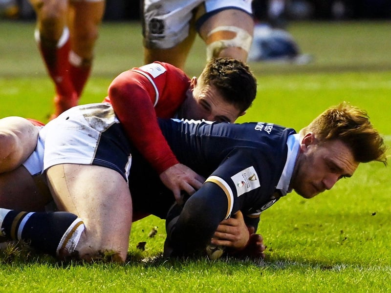 Scotland's Stuart Hogg scores Scotland's second try during a Guinness Six Nations tie between Scotland and Wales