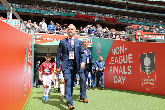 Lee Picton and Graham Fenton stride out at Wembley for the FA Vase final.