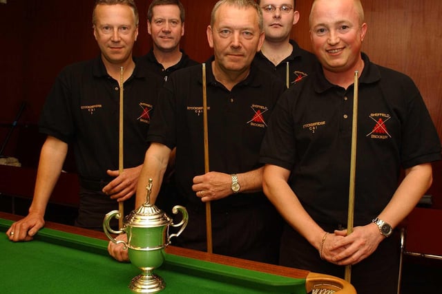 Star Cup snooker final at Southey Social Club in 2003. Stocksbridge C and I snooker team, Mike Thompson, Ian Hague, Allan Revill, Lee Bockingham and Dave Palmer.