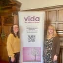 Gemma Nicholson (Vida’s service user representative) and Karen Hague (right) at the Women's Voices event organised by Women's Aid & WAVES during the 16 days of activism on November 29, 2023 at Sheffield Town Hall.