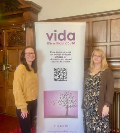 Gemma Nicholson (Vida’s service user representative) and Karen Hague (right) at the Women's Voices event organised by Women's Aid & WAVES during the 16 days of activism on November 29, 2023 at Sheffield Town Hall.
