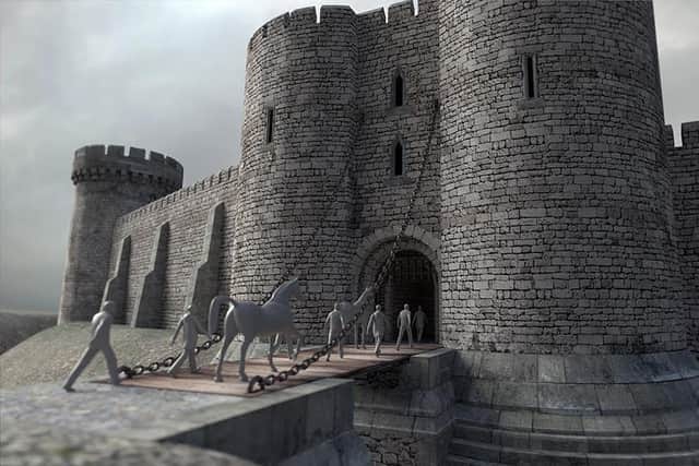 An impression of what Sheffield Castle could have looked like. The drawbridge area has been located in one of the chambers that holds castle remains.
Pictures: University of Sheffield and Human VR