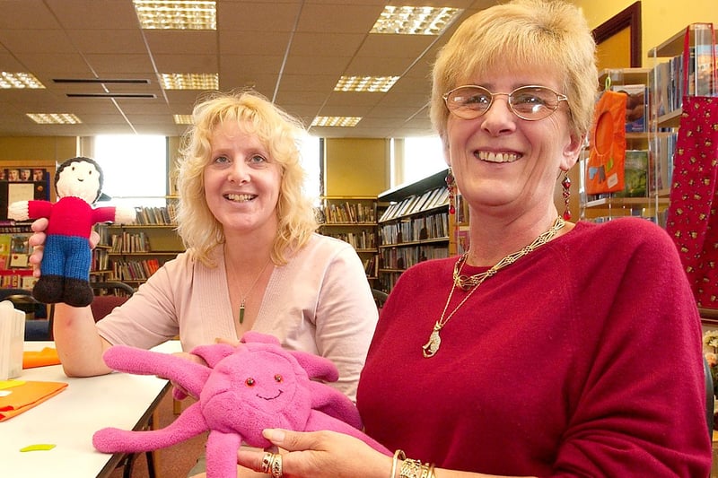 Patch work knitting at West View Library in 2006. Who recognises the creative knitters in the picture?