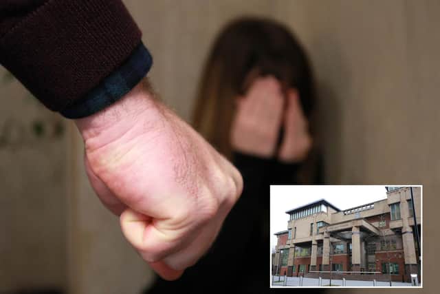 Sheffield Crown Court, pictured, heard how a thug assaulted his partner and told police he was going to kill her.