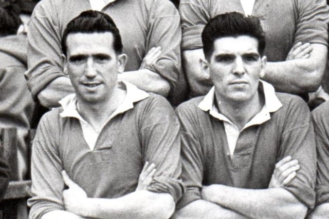 Tricky winger William Linacre (left), was past his best at Stags in 1955/56 after spells at hometown club Chesterfield Manchester City, Middlesbrough and Hartlepools United. He played 13 times for Stags. Team mate and inside forward William Watkin (right) arrived at Stags from Boro for a substantial fee  that same season, scoring four goals in 25 appearances.