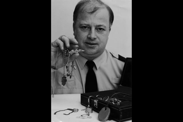 PC Michael Sunderland of Havant Police Station with recovered stolen jewellery on November 1 1993. The News PP3646