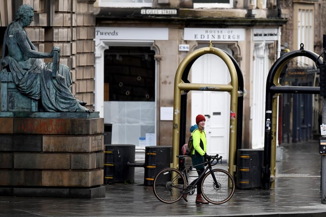 Cyclist in Edinburgh City Centre on January 4, 2021 in Edinburgh, Scotland.