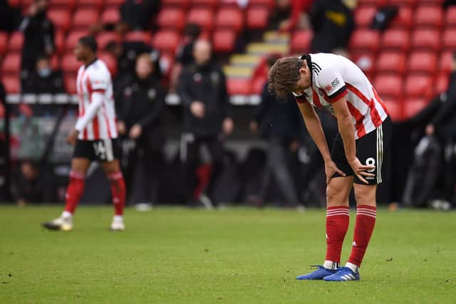 Sander Berge of Sheffield United reacts following the Premier League match between Sheffield United and Fulham at Bramall Lane (Photo by Oli Scarf - Pool/Getty Images)