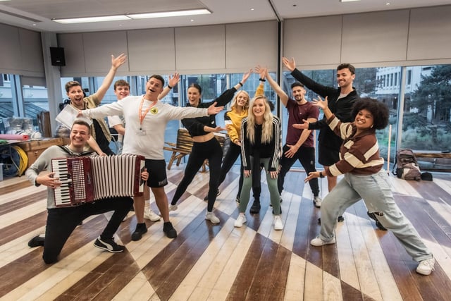 The company in rehearsals for Jack and the Beanstalk at Sheffield's Lyceum Theatre