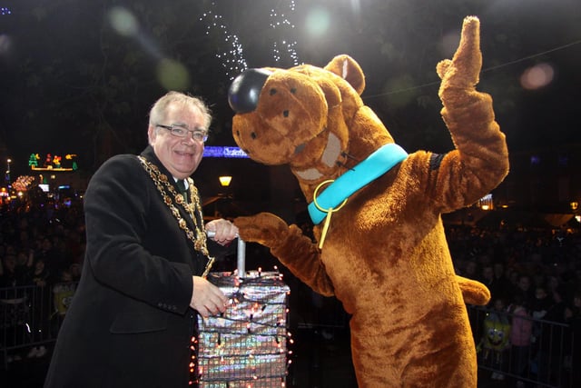The Mayor Keith Morgan  with Scooby Doo at the 2010 Chesterfield Christmas Lights Switch On.
