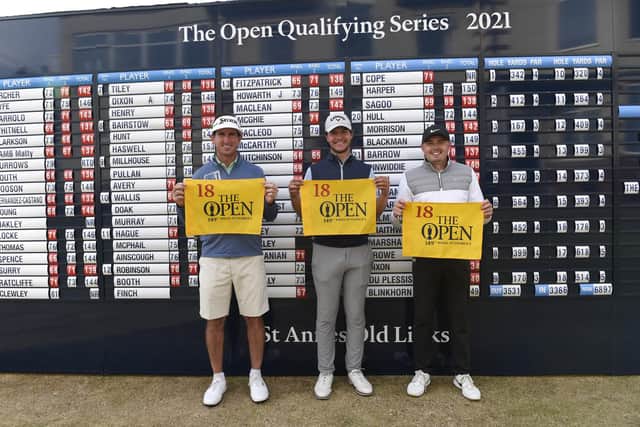 Gonzalo Fernández-Castaño of Spain, Sam Bairstow and Ben Hutchinson pose with The Open flag after qualifying for the 149th Open Championship (photo by Richard Martin-Roberts/R&A/R&A via Getty Images).