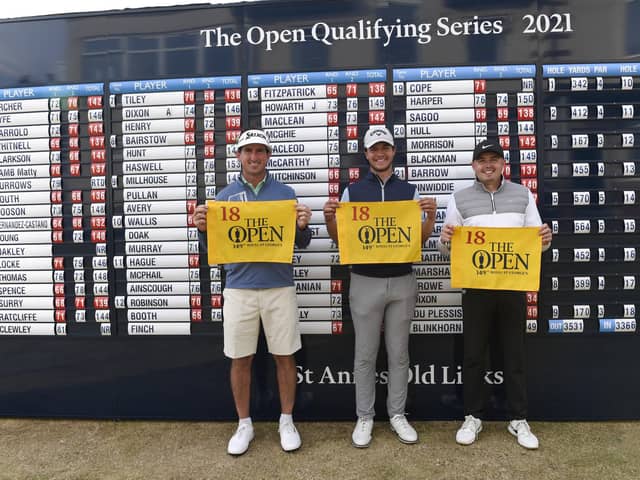 Gonzalo Fernández-Castaño of Spain, Sam Bairstow and Ben Hutchinson pose with The Open flag after qualifying for the 149th Open Championship (photo by Richard Martin-Roberts/R&A/R&A via Getty Images).
