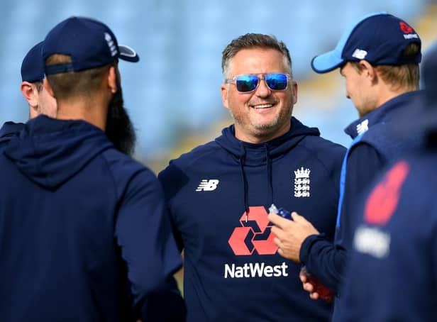 Former England bowler Darren Gough speaks with Moeen Ali and Joe Root during a nets session at Headingley (Photo by Gareth Copley/Getty Images)