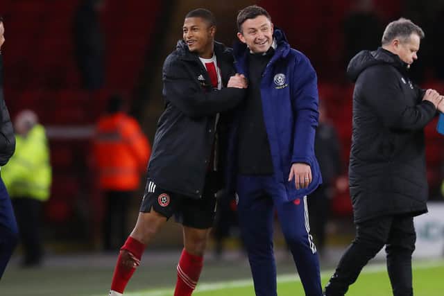 Rhian Brewster of Sheffield United with manager Paul Heckingbottom: Simon Bellis / Sportimage