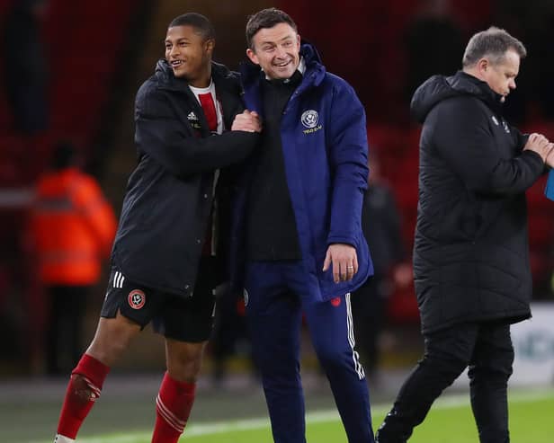 Rhian Brewster of Sheffield United with manager Paul Heckingbottom: Simon Bellis / Sportimage