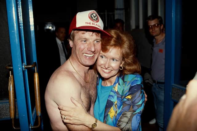 Dave Bassett celebrates United's promotion with his wife Christine.  (Photo by Allsport UK/Getty Images)