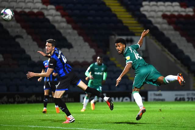 Elias Kachunga scores Sheffield Wednesday's first goal in the 2-0 win over Rochdale in the second round of the Carabao Cup at Spotland tonight. (Photo by Nathan Stirk/Getty Images)