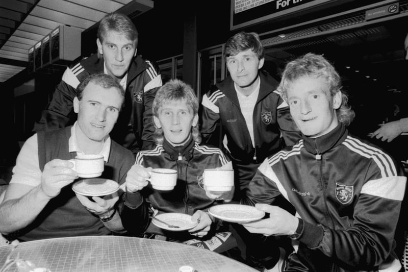 Dundee United footballers Eamonn Bannon, Billy Thomson, Iain Ferguson, Paul Hegarty and David Bowman take tea at Edinburgh airport before flying to Czechoslovakia in November 1987.