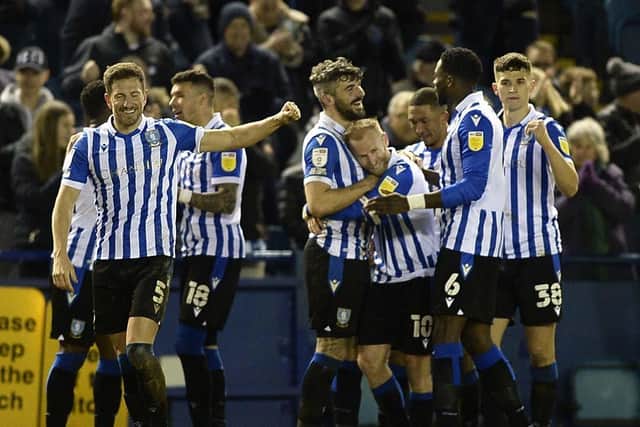 Sheffield Wednesday players celebrate their fifth goal against Burton and Barry Bannan's second. Picture: Steve Ellis