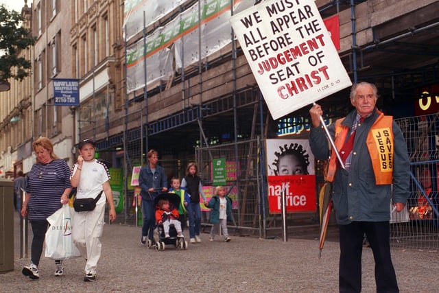 Ced Cocker, pictured here in August 1999, was once a familiar figure on Fargate with his religious placards