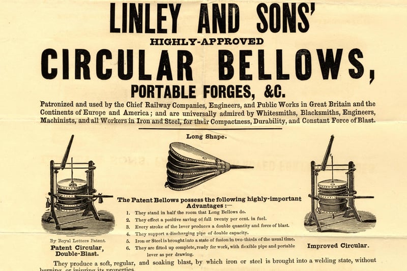 Advertisement for circular bellows and portable forges by manufacturer Thomas Linley and Sons, 1 Stanley Street. Date period: 1851-1899. Ref no: arc02596