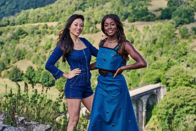 Dara Huang (judge) and AJ Odudu (presenter) straight to camera in the peak District exterior. The last five contestants go head to head tonight in the battle for a posh flat in Sheffield, in the Big Interiors Battle on Channel Four