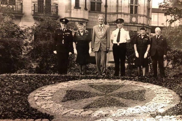The SJAB flower display in the Peace Gardens  in August 1987